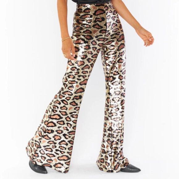 SHOW ME YOUR MUMU WOMEN'S CHEETAH SEQUIN GRETTA FLARE PANTS Size XXL NWT - Picture 1 of 10